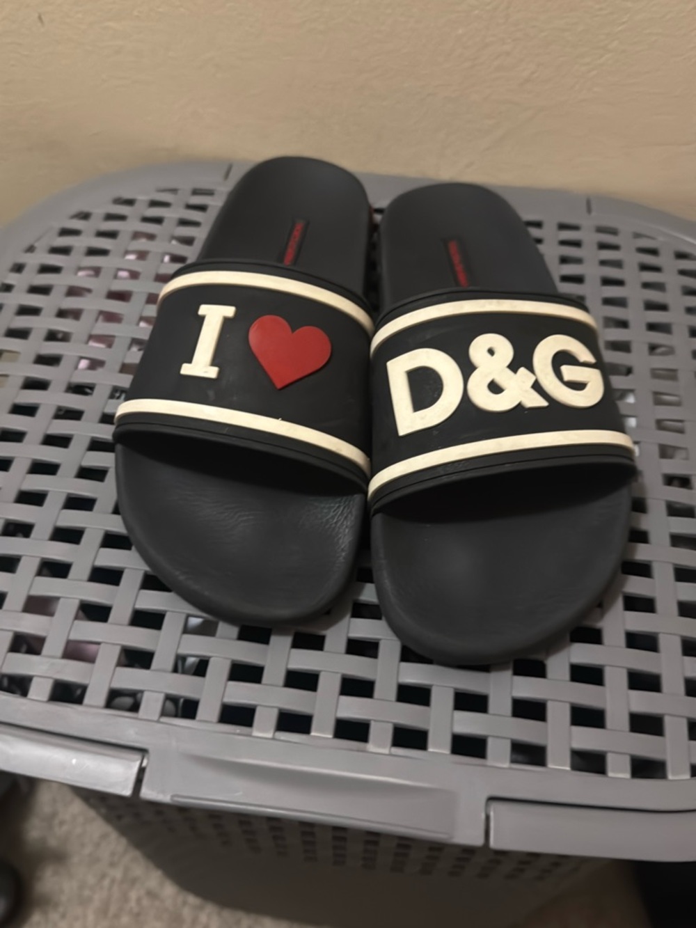 Dolce & Gabbana Black Slides with White Logo and Red Heart